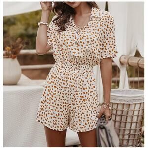 Unbranded XL Women Short sleeve shorts elastic waist Romper white brown Casual